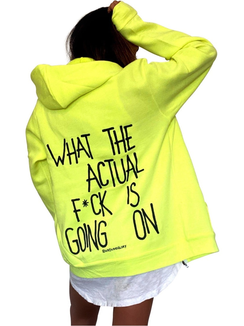 Wren + Glory “Wait What” Painted  Zipped Hoodie in Neon Yellow Unisex Size L New